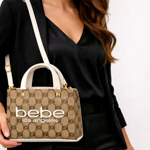 Bebe Talulla Mini Satchel Bag Womens One Size Beige Canvas Logo Purse White New